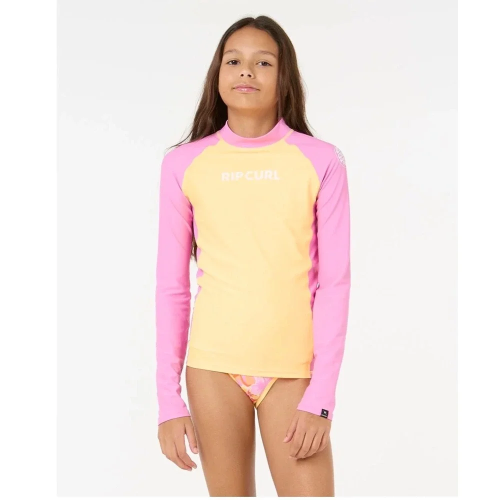 Rip Curl Kids Classic Surf Long Sleeve Rash Guard Mango Pink‎ UPF 50+ Size 8 XS